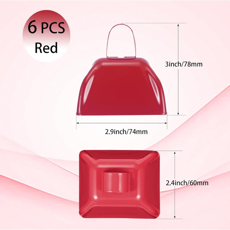 Hordolry جرس أبقار 3 بوصة، 6 قطع جرس معدني مع مقبض، جرس صغير عالي الصوت للحفلات، مباريات كرة القدم، الحفلات، الحفلات الموسيقية، التخرج، المزارع، أحمر - Image 2